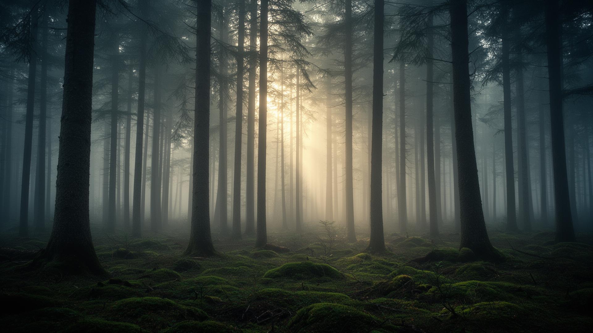 Nebliger Wald im Morgenlicht
